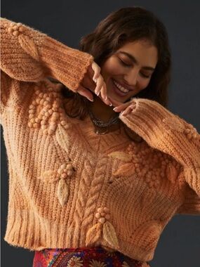 Anthropologie Peach V-Neck Chunky Knit Sweater with Bobble & Leaf Stitch